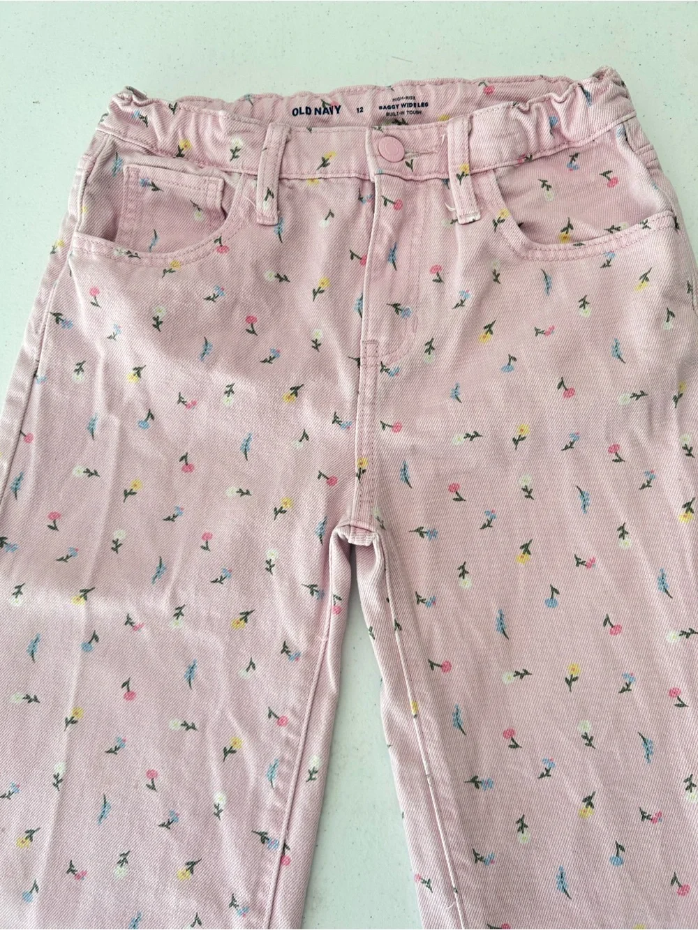 Old Navy Girls Size 12 High Rise Baggy Wide Leg Jeans Pink Floral Print Denim